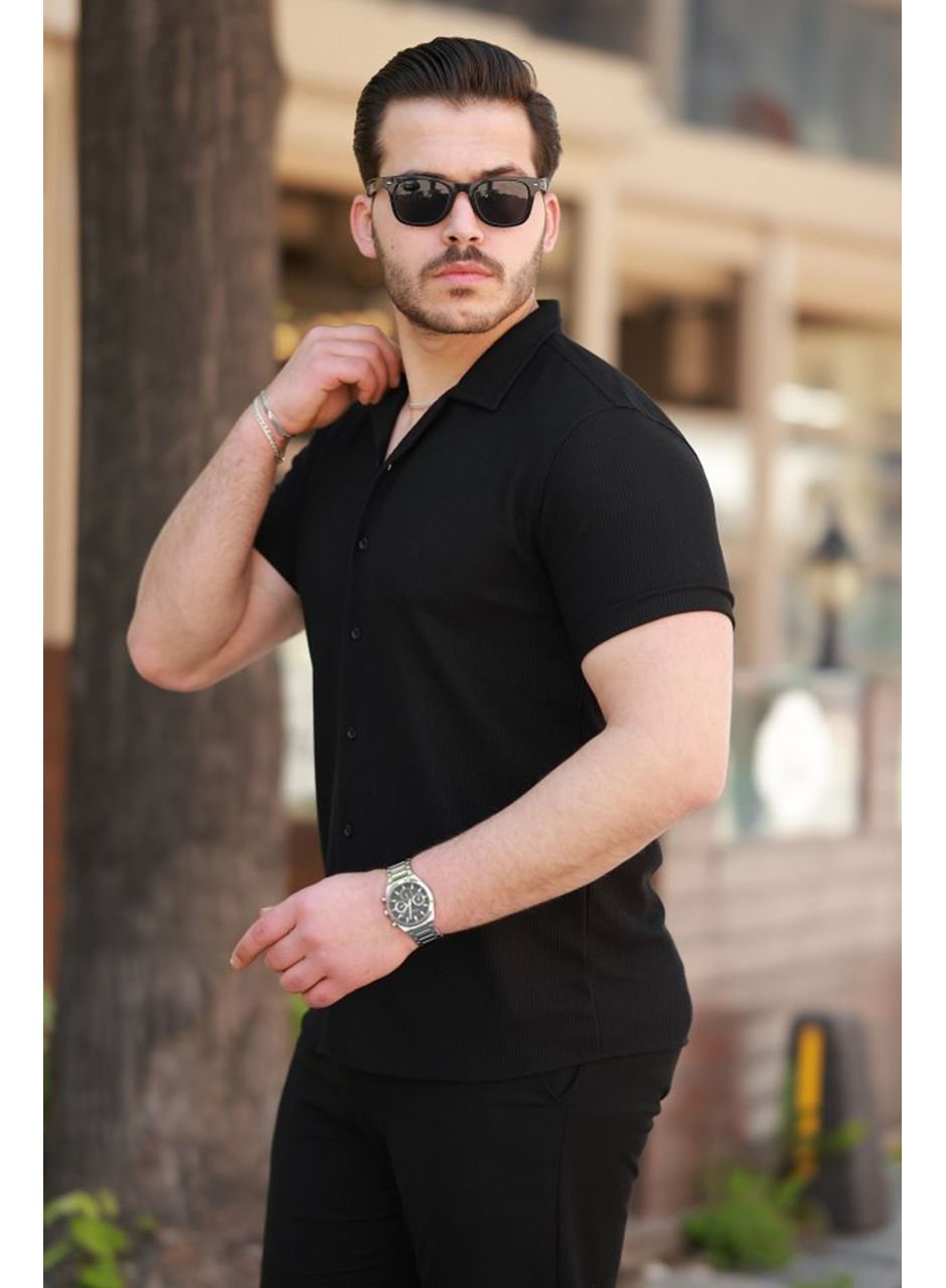 Erkek Ottoman Kumaş Apaj Yaka Kısa Kollu Gömlek