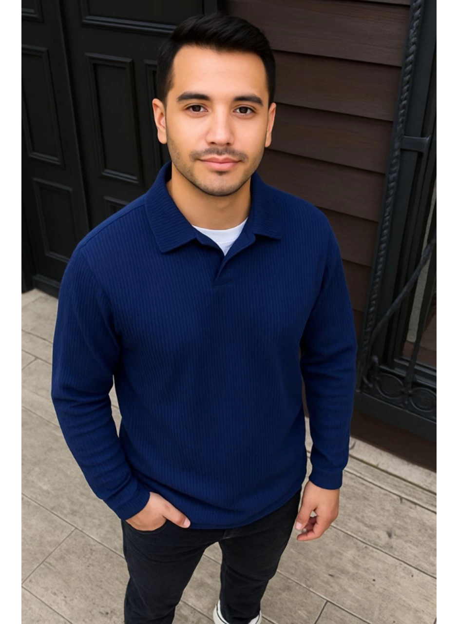 Erkek Fitilli Polar Sweatshirt – Düğmesiz Polo Yaka, Oversize Rahat Kalıp, Kalın Polar Kumaş, Kışlık Ve Baharlık Şık Günlük Üst - Lacivert