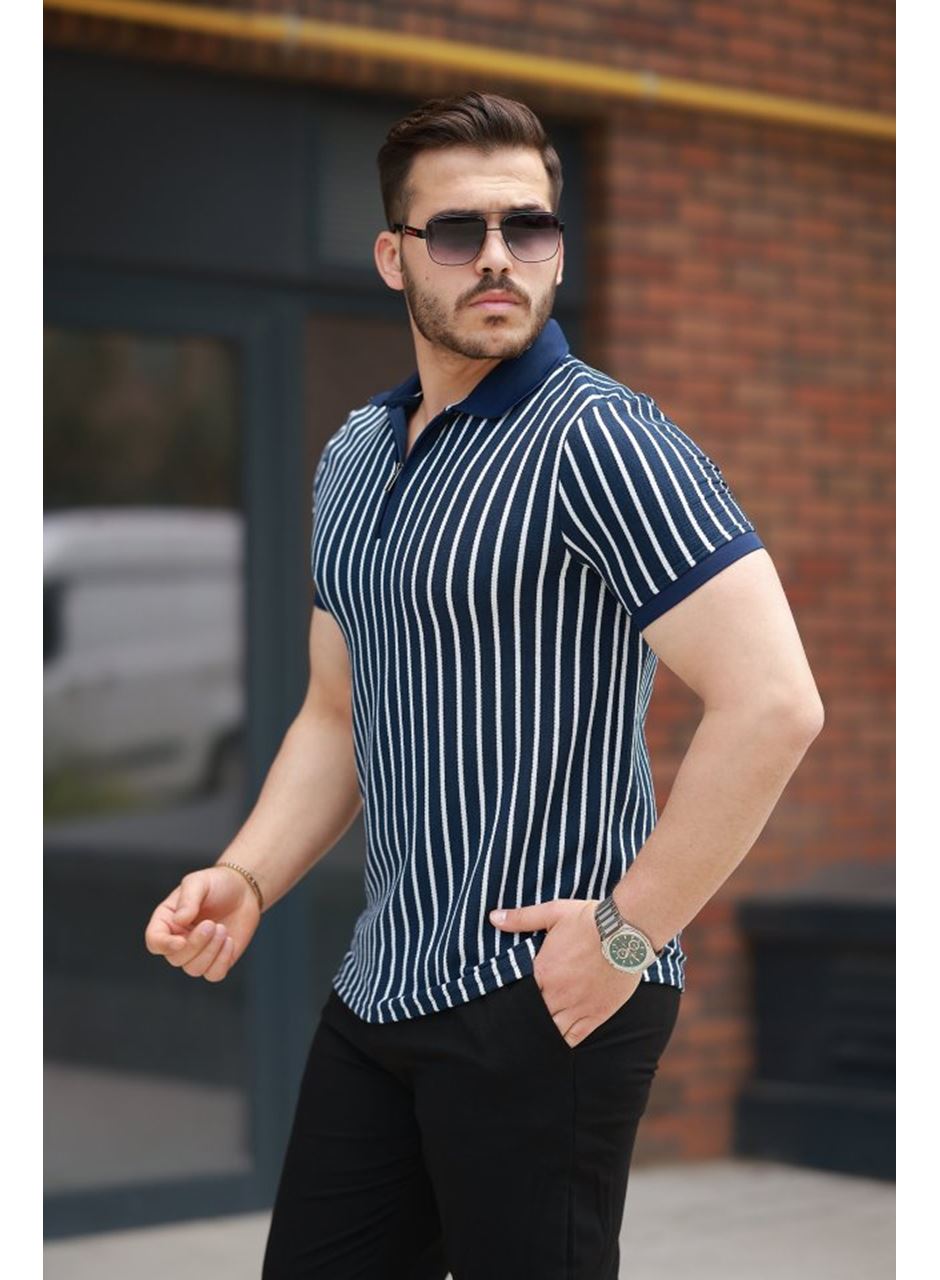 Erkek çizgili Fermuar Yakalı Kısa Kollu Tişört
