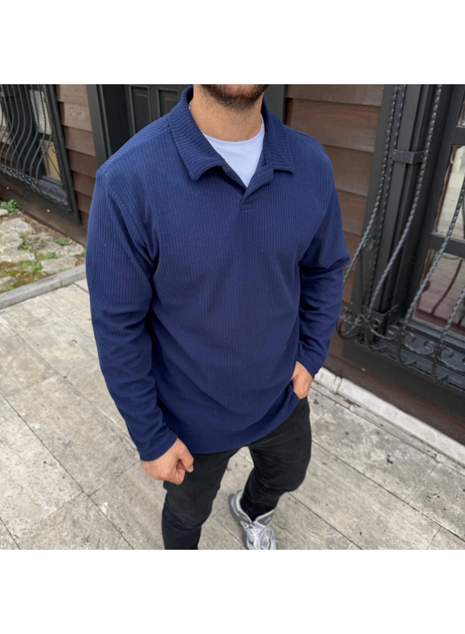 Erkek Fitilli Polar Sweatshirt – Düğmesiz Polo Yaka, Oversize Rahat Kalıp, Kalın Polar Kumaş, Kışlık Ve Baharlık Şık Günlük Üst - Lacivert