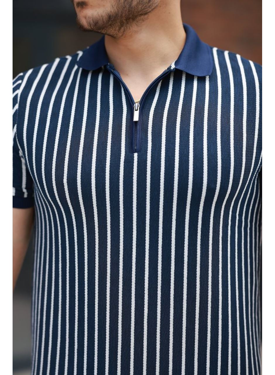 Erkek çizgili Fermuar Yakalı Kısa Kollu Tişört