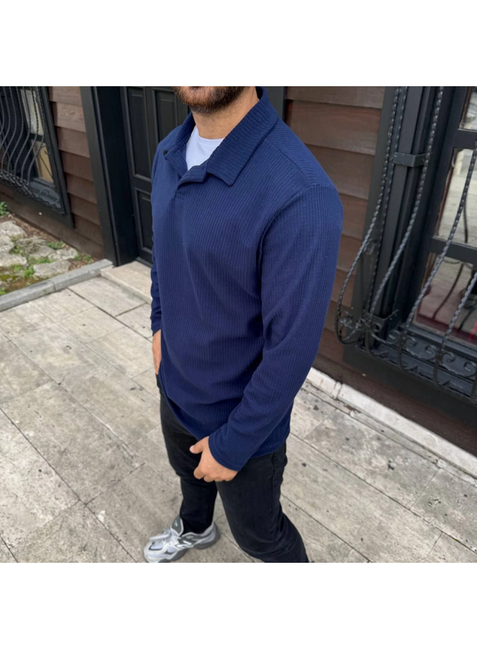 Erkek Fitilli Polar Sweatshirt – Düğmesiz Polo Yaka, Oversize Rahat Kalıp, Kalın Polar Kumaş, Kışlık Ve Baharlık Şık Günlük Üst - Lacivert