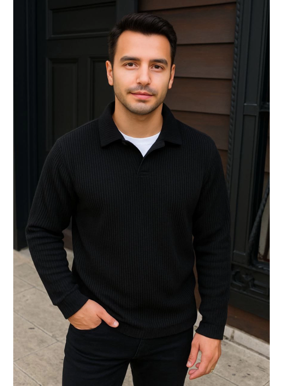 Erkek Fitilli Polar Sweatshirt – Düğmesiz Polo Yaka, Oversize Rahat Kalıp, Kalın Polar Kumaş, Kışlık Ve Baharlık Şık Günlük Üst - Siyah