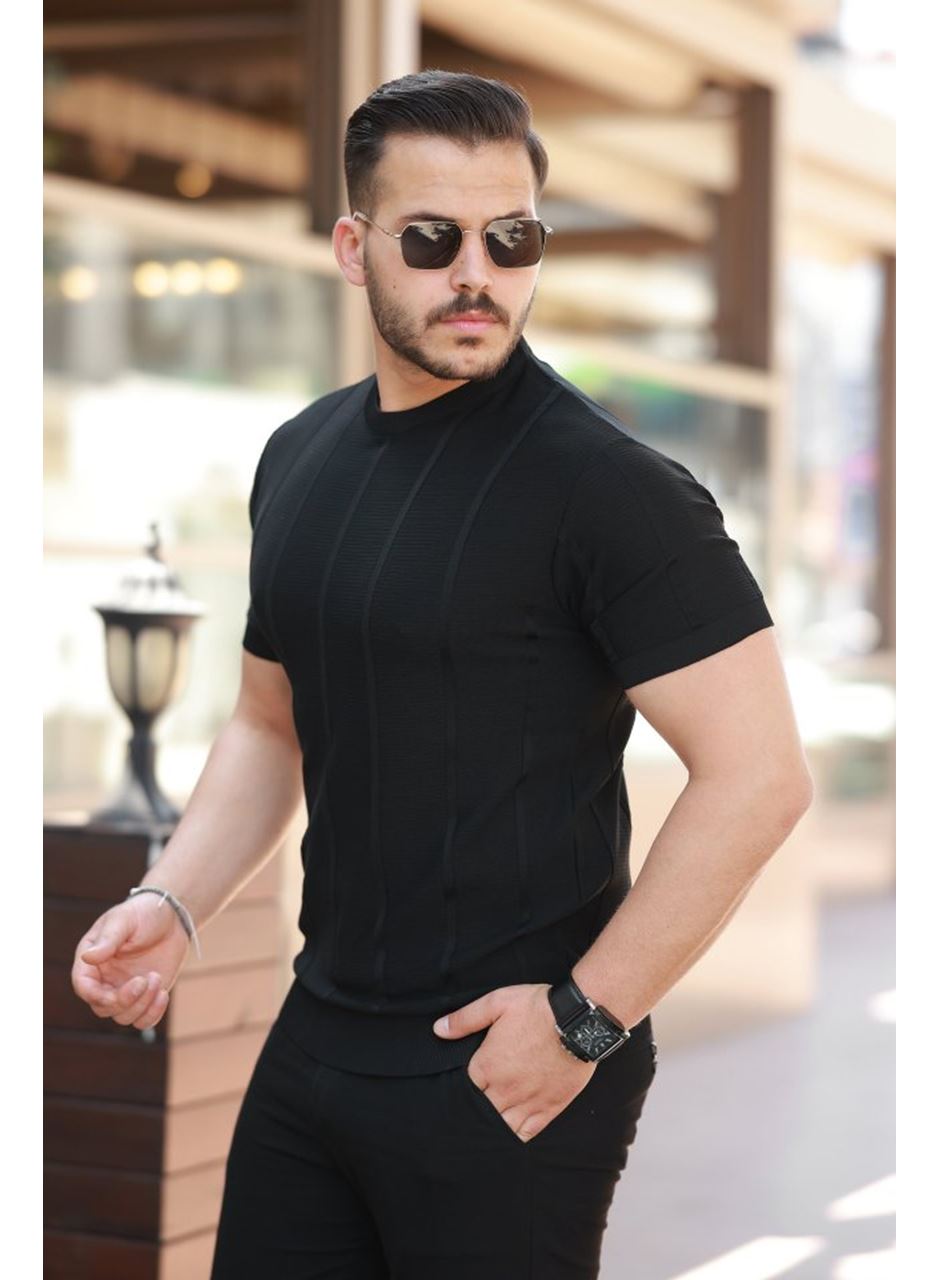 Erkek Desenli çizgi Kabartmalı Kısa Kollu Tişört