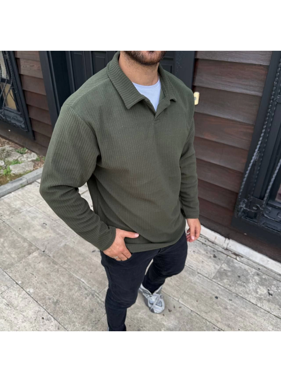 Erkek Fitilli Polar Sweatshirt – Düğmesiz Polo Yaka, Oversize Rahat Kalıp, Kalın Polar Kumaş, Kışlık Ve Baharlık Şık Günlük Üst - Haki