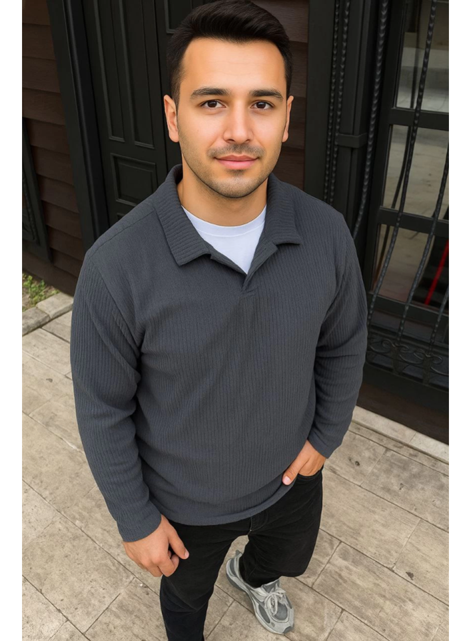 Erkek Fitilli Polar Sweatshirt – Düğmesiz Polo Yaka, Oversize Rahat Kalıp, Kalın Polar Kumaş, Kışlık Ve Baharlık Şık Günlük Üst - Füme