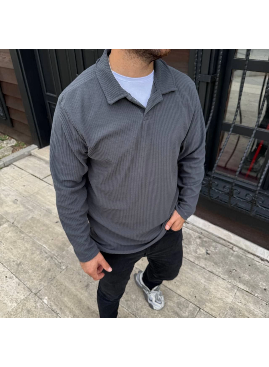 Erkek Fitilli Polar Sweatshirt – Düğmesiz Polo Yaka, Oversize Rahat Kalıp, Kalın Polar Kumaş, Kışlık Ve Baharlık Şık Günlük Üst - Füme