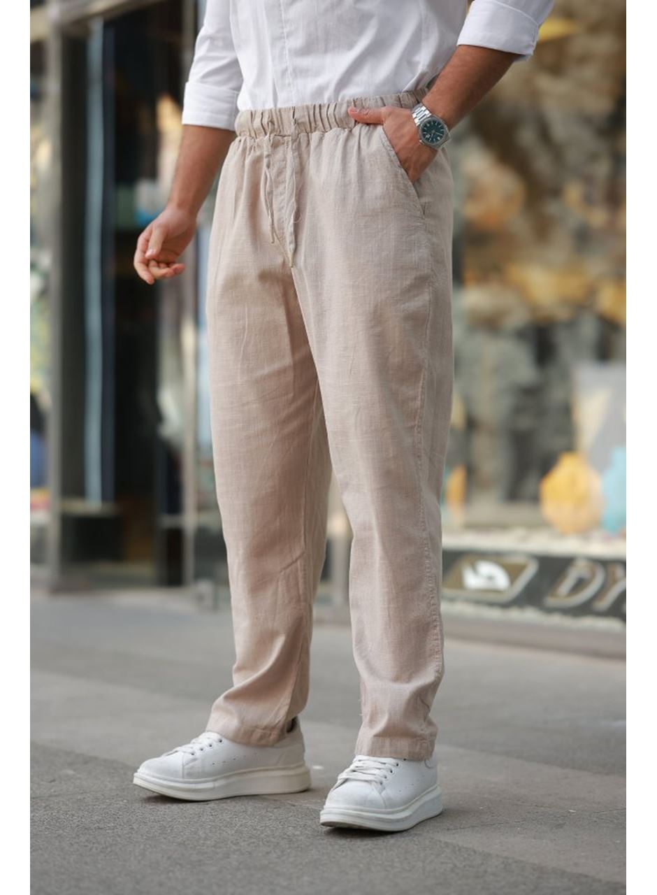 Erkek Beli Lastikli Keten Rahat Pantolon