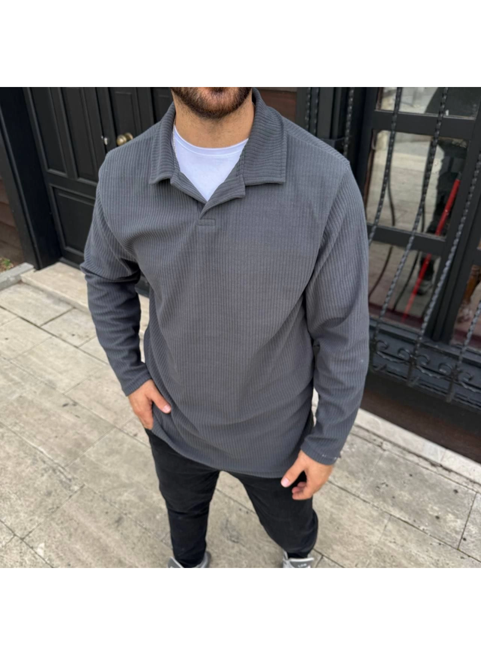 Erkek Fitilli Polar Sweatshirt – Düğmesiz Polo Yaka, Oversize Rahat Kalıp, Kalın Polar Kumaş, Kışlık Ve Baharlık Şık Günlük Üst - Füme