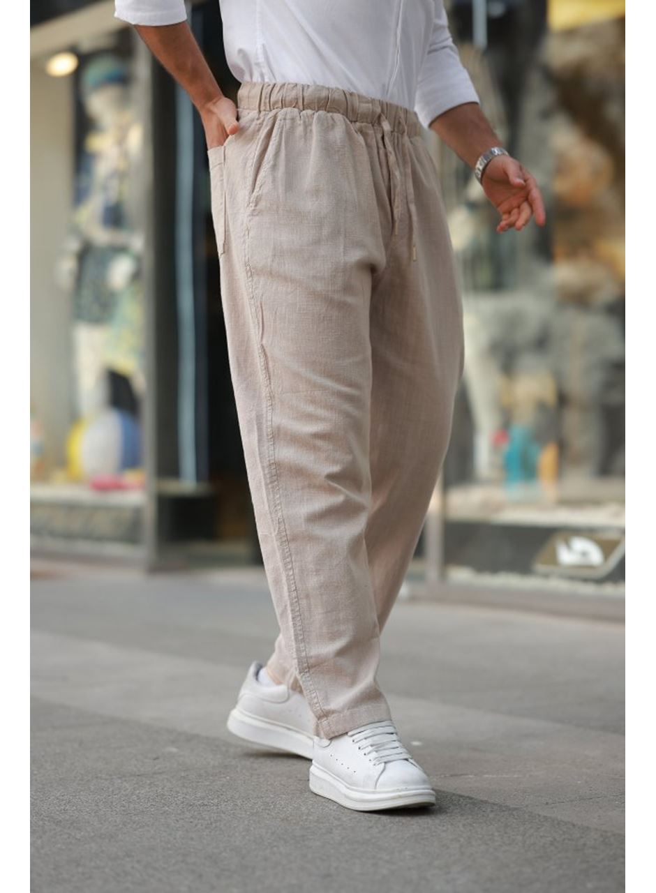Erkek Beli Lastikli Keten Rahat Pantolon