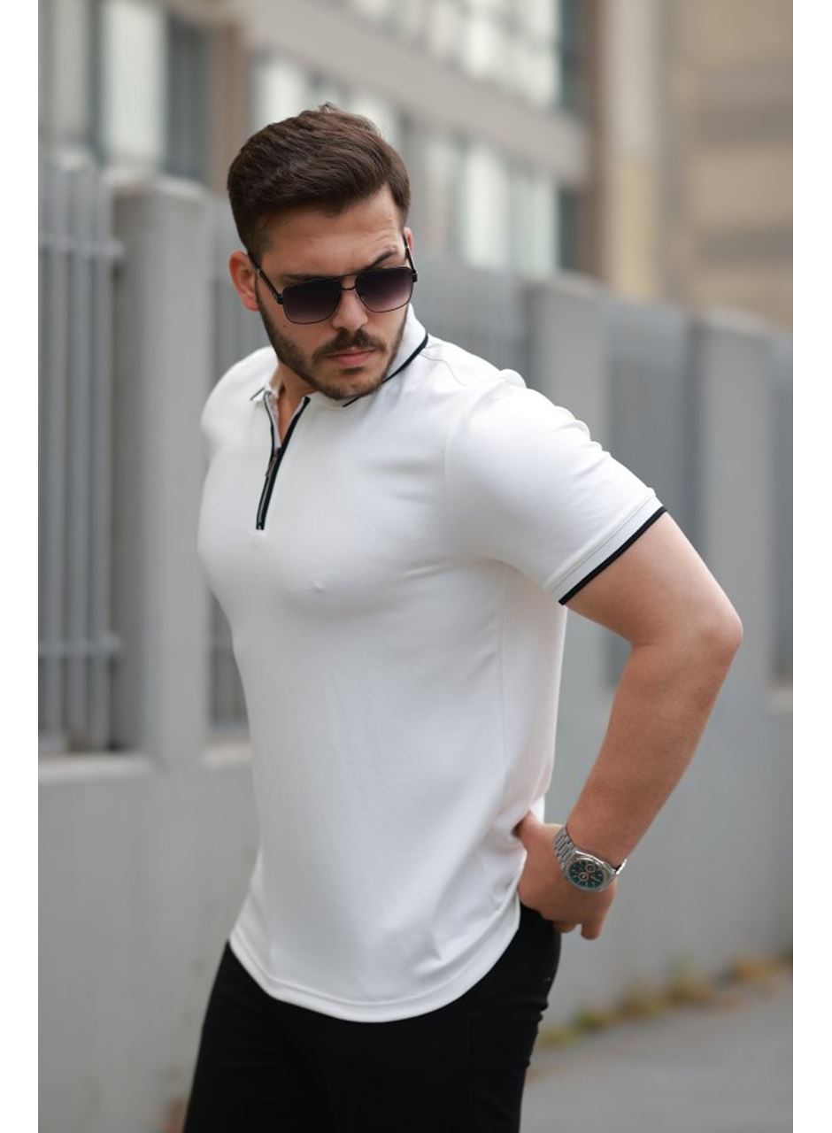 Erkek Fermuar Yakalı çizgi Detaylı Kısa Kollu Tişört