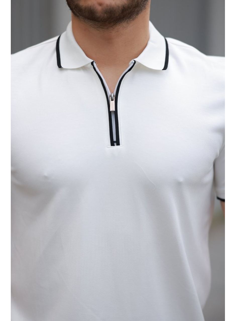 Erkek Fermuar Yakalı çizgi Detaylı Kısa Kollu Tişört