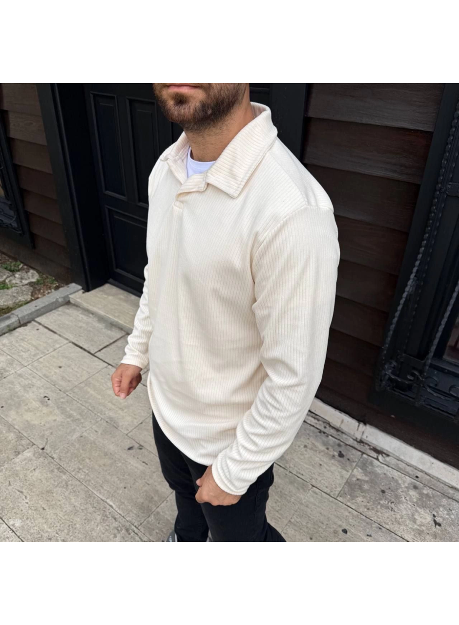 Erkek Fitilli Polar Sweatshirt – Düğmesiz Polo Yaka, Oversize Rahat Kalıp, Kalın Polar Kumaş, Kışlık Ve Baharlık Şık Günlük Üst - Beyaz