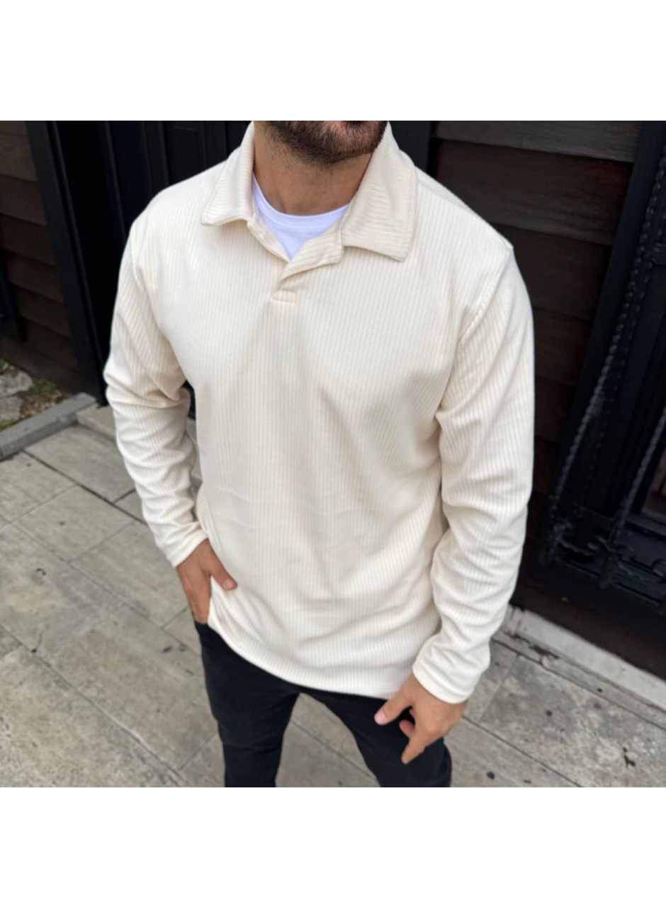 Erkek Fitilli Polar Sweatshirt – Düğmesiz Polo Yaka, Oversize Rahat Kalıp, Kalın Polar Kumaş, Kışlık Ve Baharlık Şık Günlük Üst - Beyaz