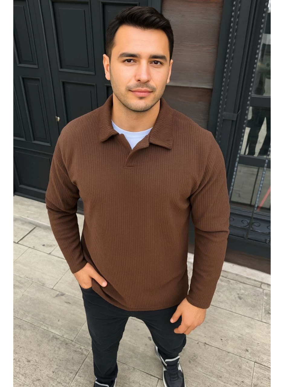 Erkek Fitilli Polar Sweatshirt – Düğmesiz Polo Yaka, Oversize Rahat Kalıp, Kalın Polar Kumaş, Kışlık Ve Baharlık Şık Günlük Üst - Kahverengi