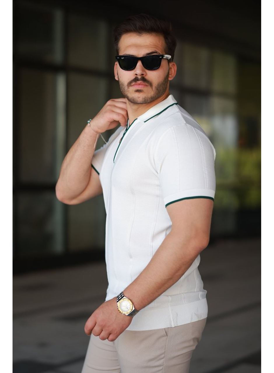 Erkek Dikey Kabartmalı Örgü Dokulu Fermuar Yakalı Tişört