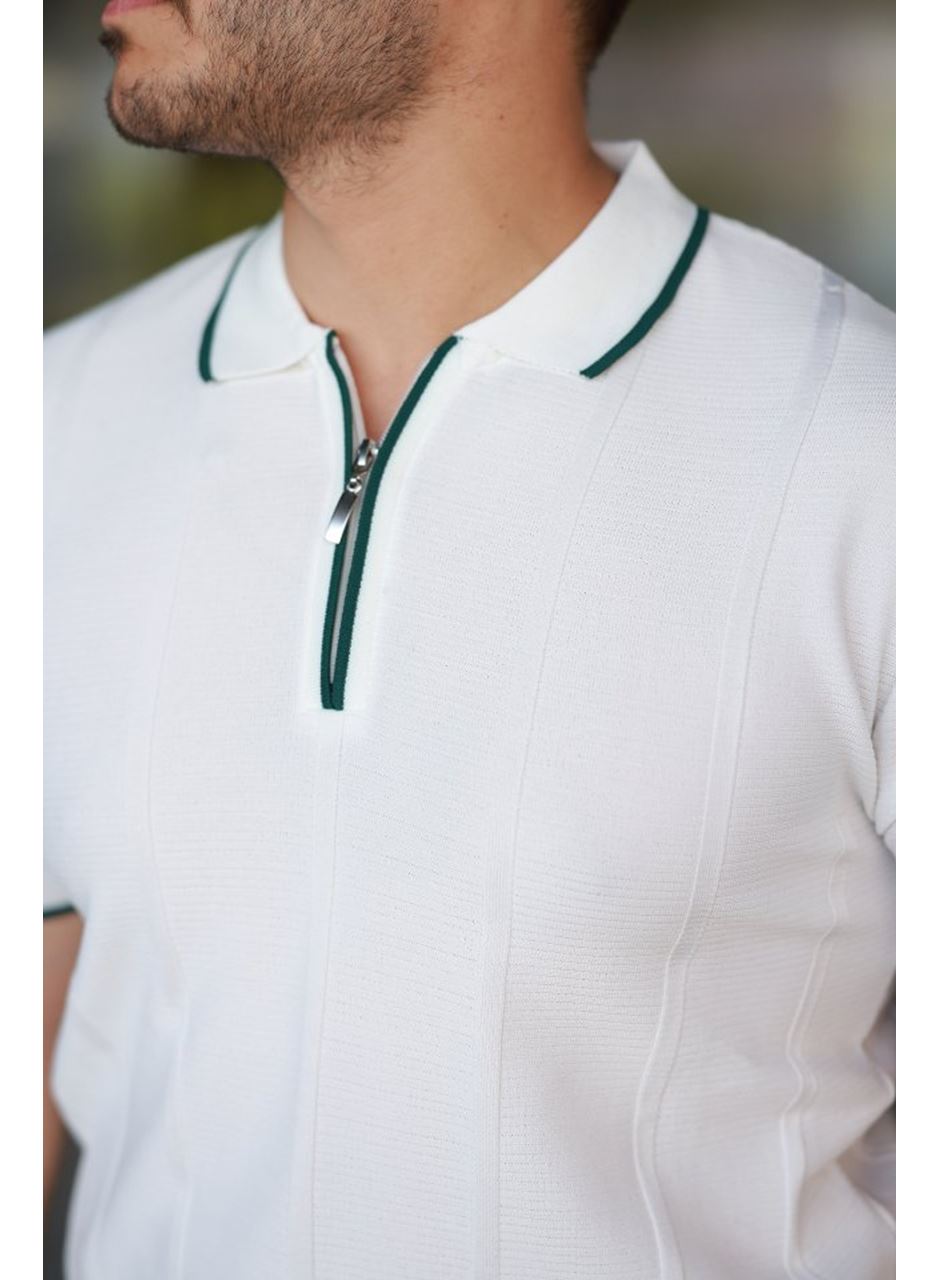 Erkek Dikey Kabartmalı Örgü Dokulu Fermuar Yakalı Tişört