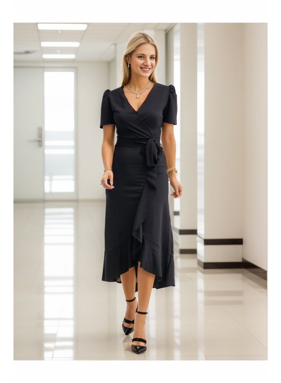 Kadın Kruvaze Yaka Midi Boy Kuşaklı Krep Elbise 120 Cm