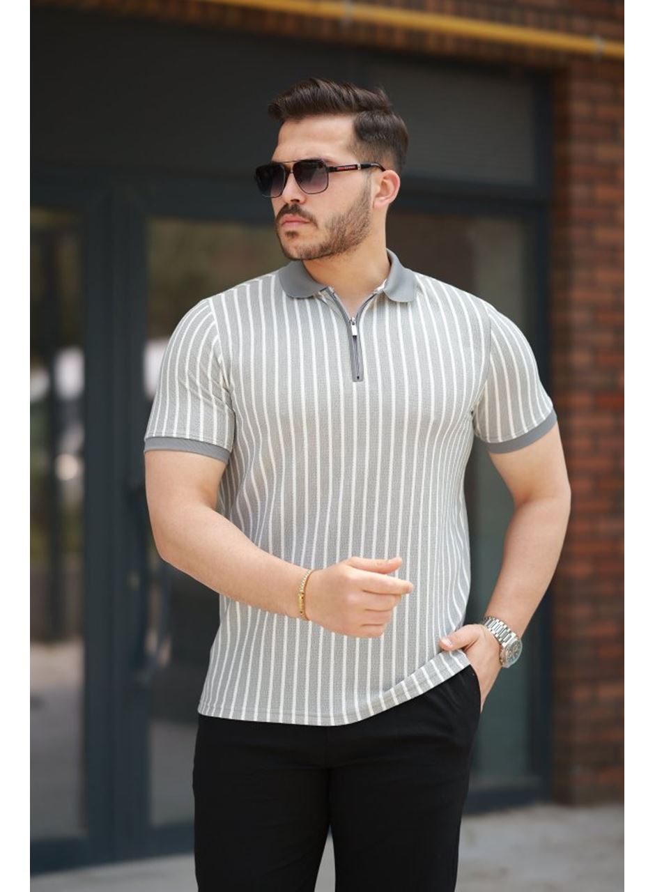 Erkek çizgili Fermuar Yakalı Kısa Kollu Tişört