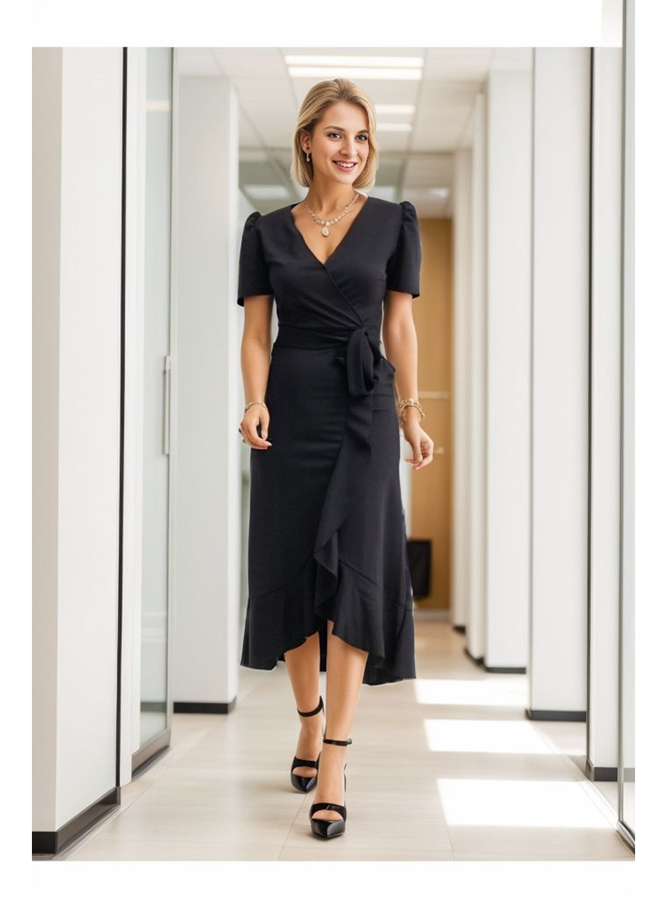 Kadın Kruvaze Yaka Midi Boy Kuşaklı Krep Elbise 120 Cm