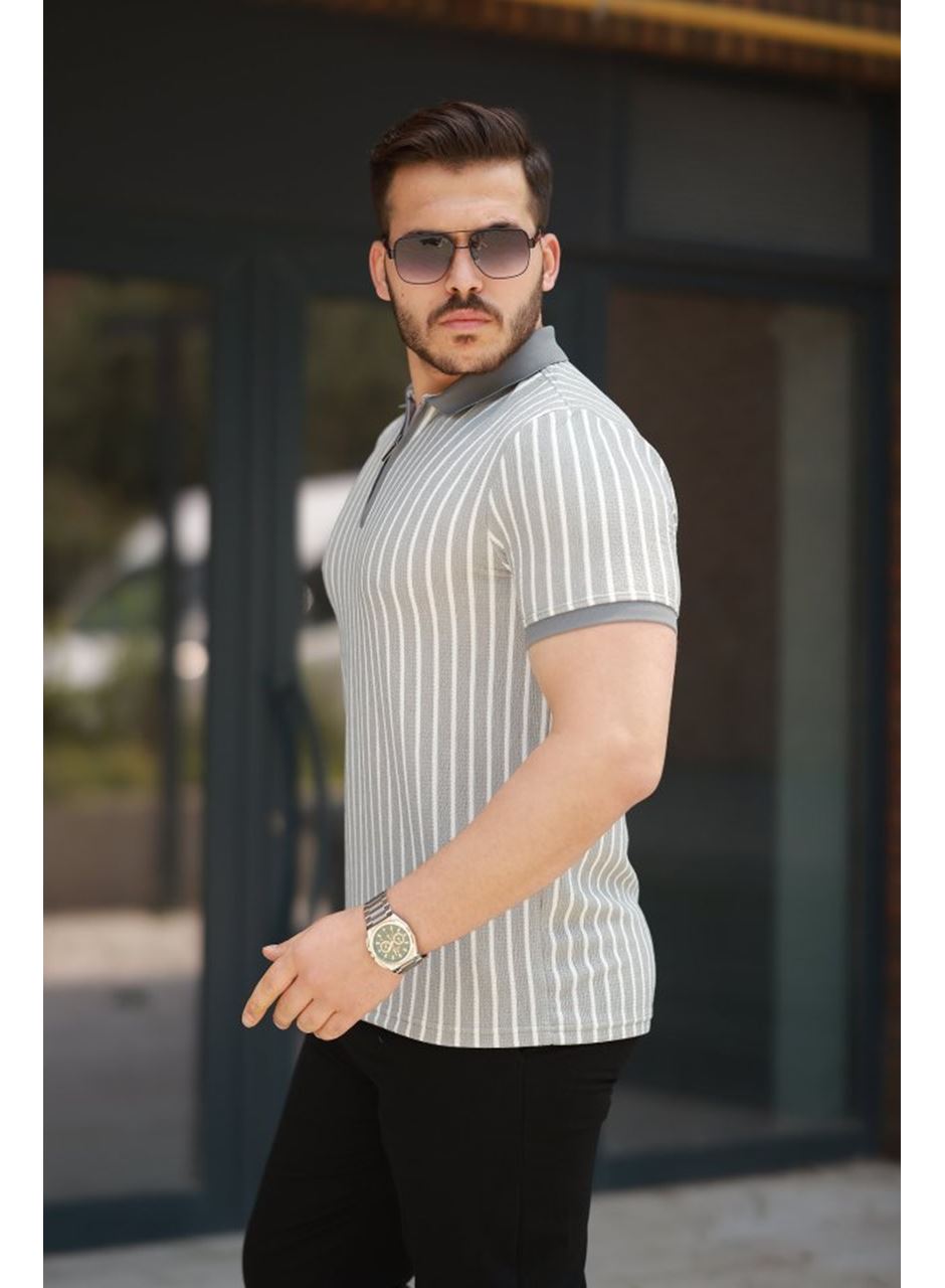 Erkek çizgili Fermuar Yakalı Kısa Kollu Tişört