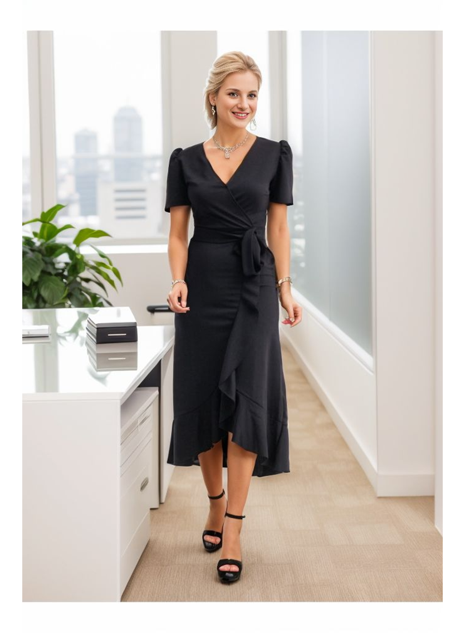 Kadın Kruvaze Yaka Midi Boy Kuşaklı Krep Elbise 120 Cm