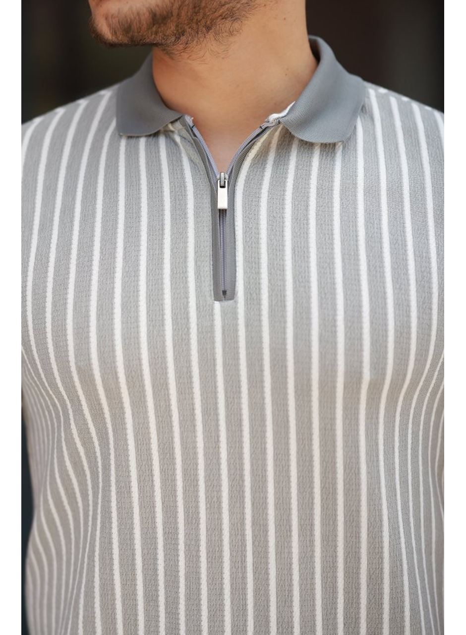 Erkek çizgili Fermuar Yakalı Kısa Kollu Tişört