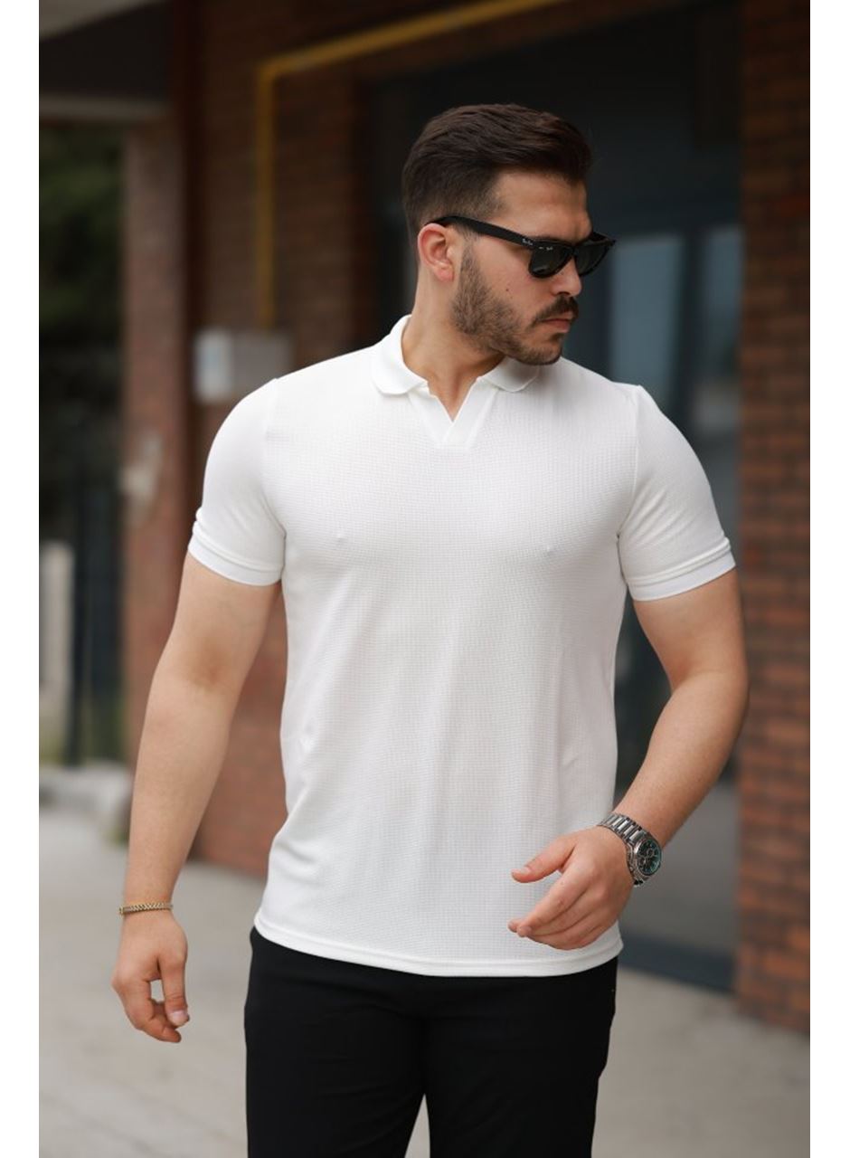 Erkek Yakalı Waffle Dokulu Kısa Kollu Tişört