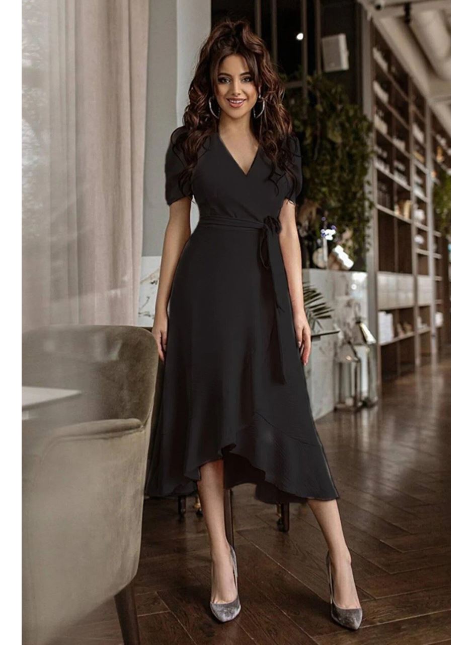 Kadın Kruvaze Yaka Midi Boy Kuşaklı Krep Elbise 120 Cm