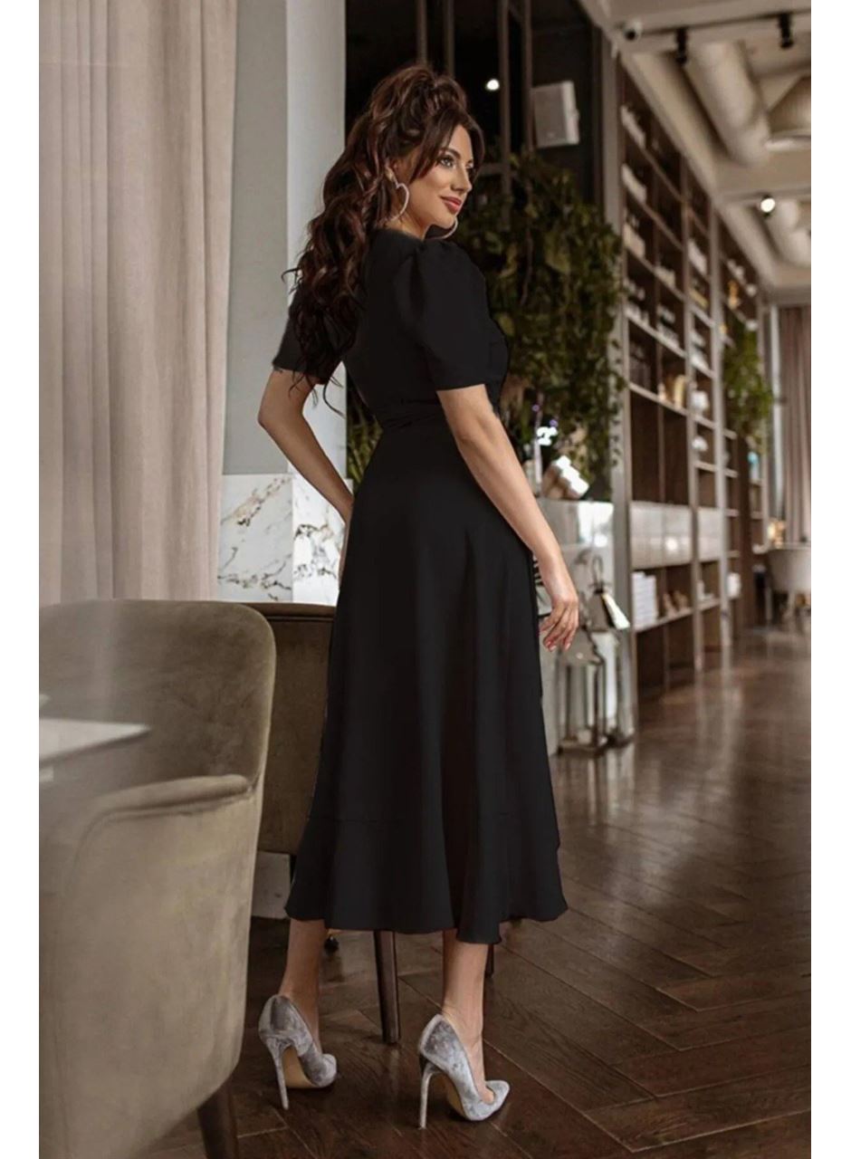 Kadın Kruvaze Yaka Midi Boy Kuşaklı Krep Elbise 120 Cm