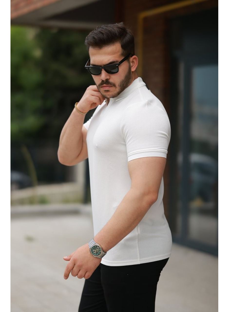 Erkek Yakalı Waffle Dokulu Kısa Kollu Tişört