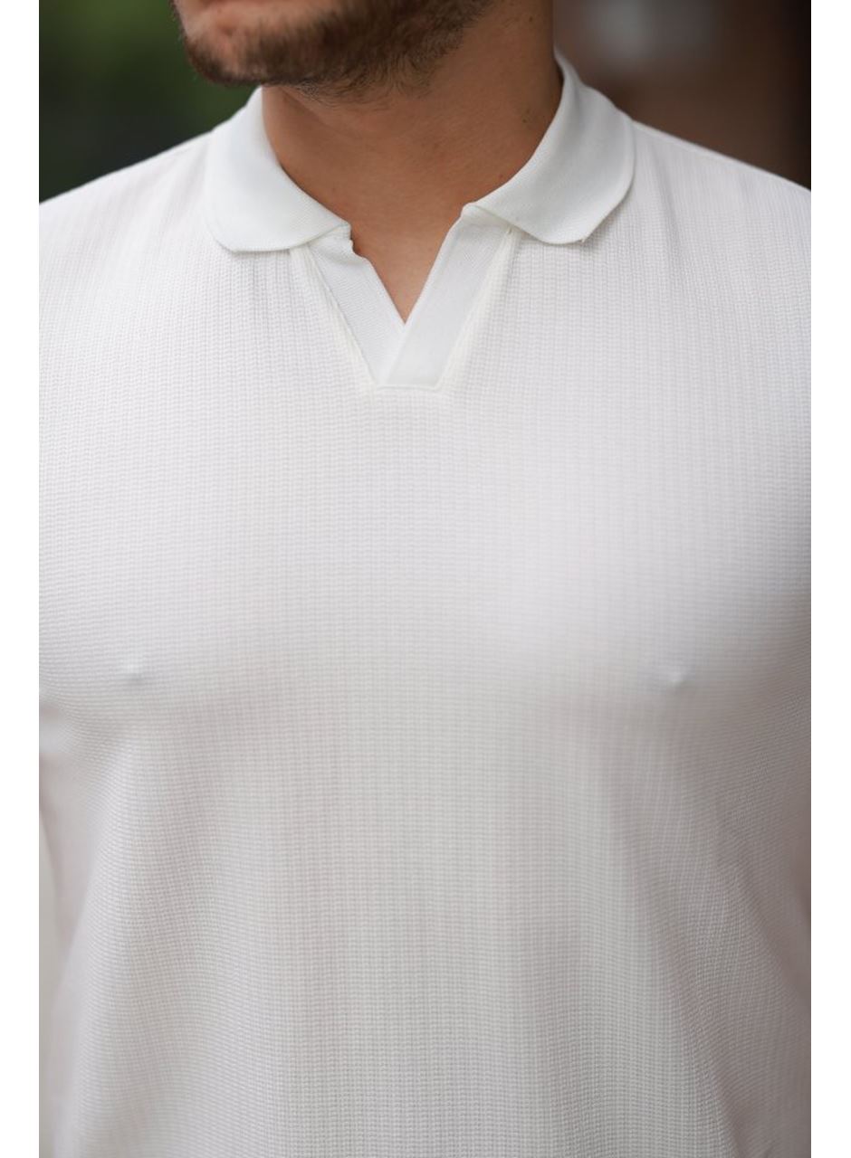 Erkek Yakalı Waffle Dokulu Kısa Kollu Tişört