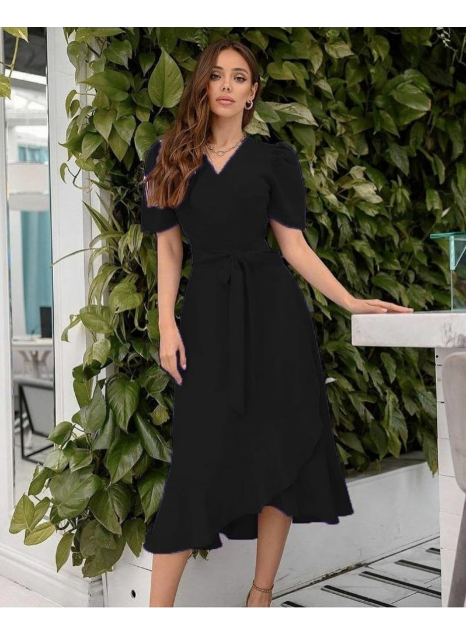 Kadın Kruvaze Yaka Midi Boy Kuşaklı Krep Elbise 120 Cm