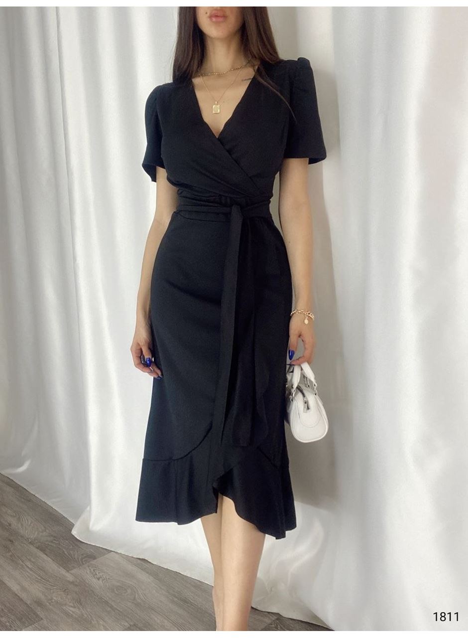 Kadın Kruvaze Yaka Midi Boy Kuşaklı Krep Elbise 120 Cm