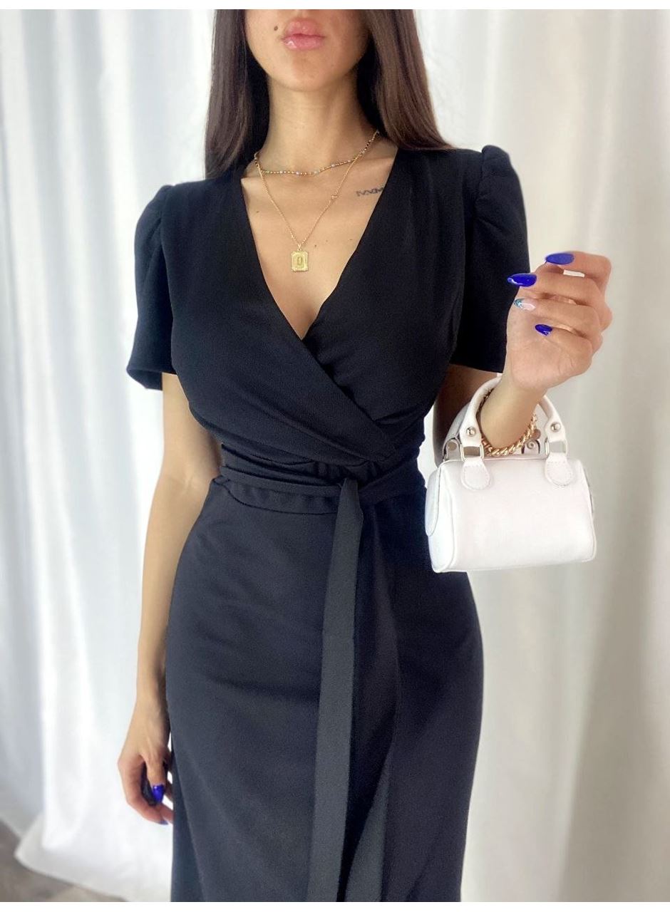 Kadın Kruvaze Yaka Midi Boy Kuşaklı Krep Elbise 120 Cm