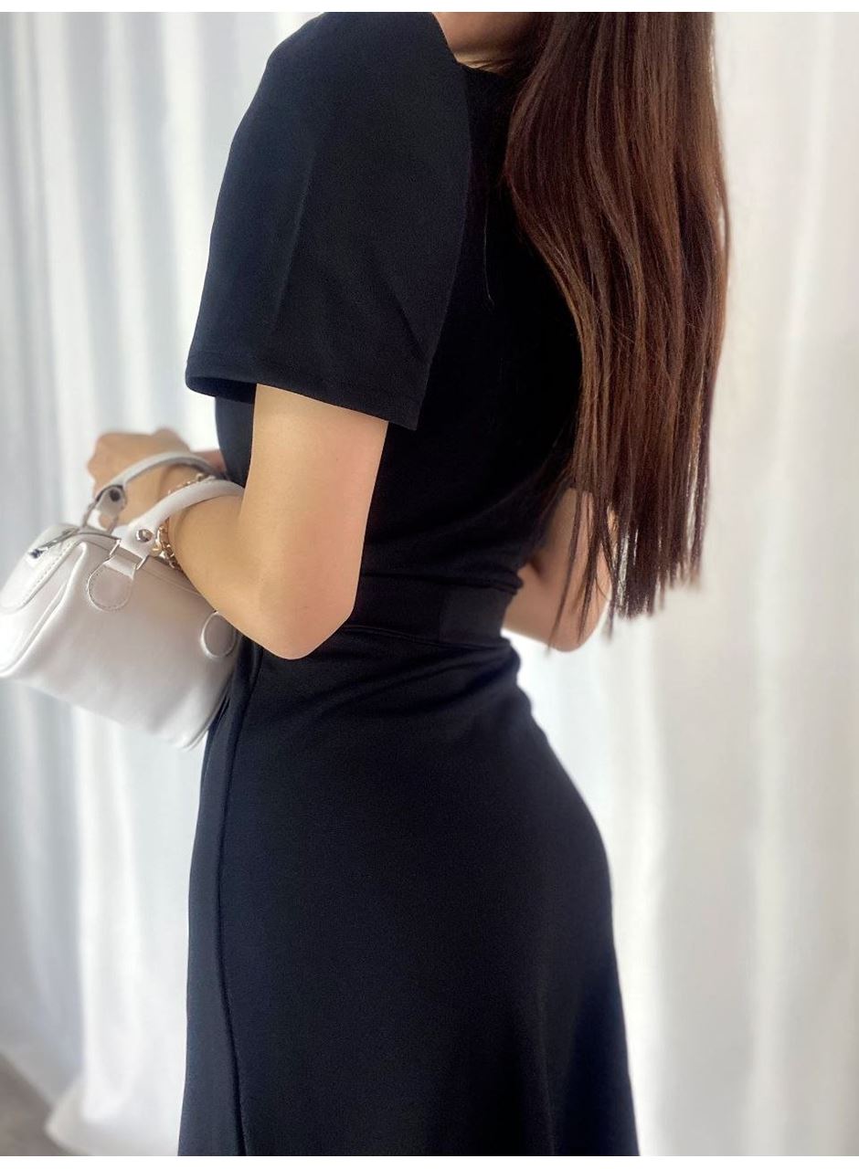 Kadın Kruvaze Yaka Midi Boy Kuşaklı Krep Elbise 120 Cm