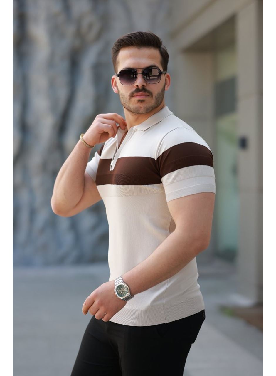 Erkek Fermuar Yakalı şerit Renk Desenli Kısa Kollu Tişört