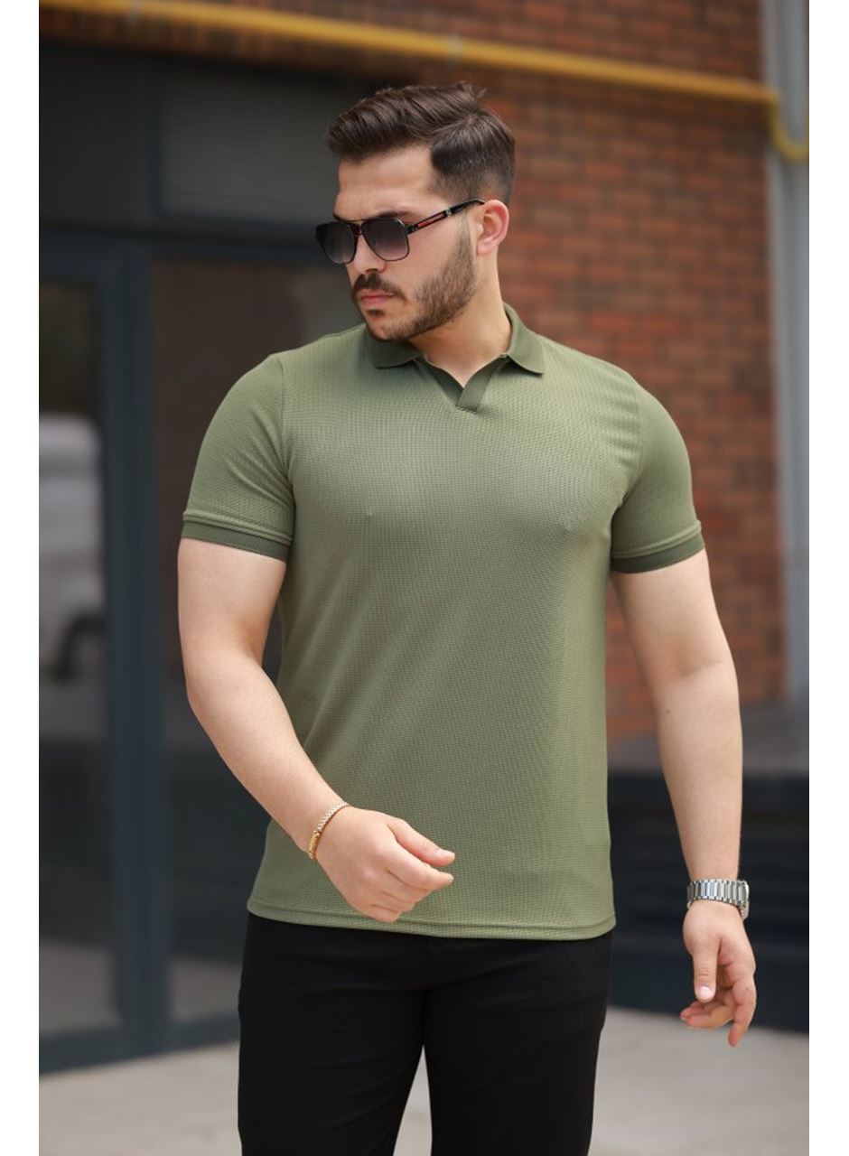 Erkek Yakalı Waffle Dokulu Kısa Kollu Tişört