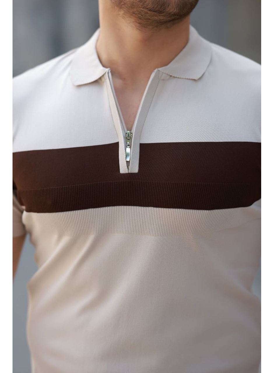 Erkek Fermuar Yakalı şerit Renk Desenli Kısa Kollu Tişört