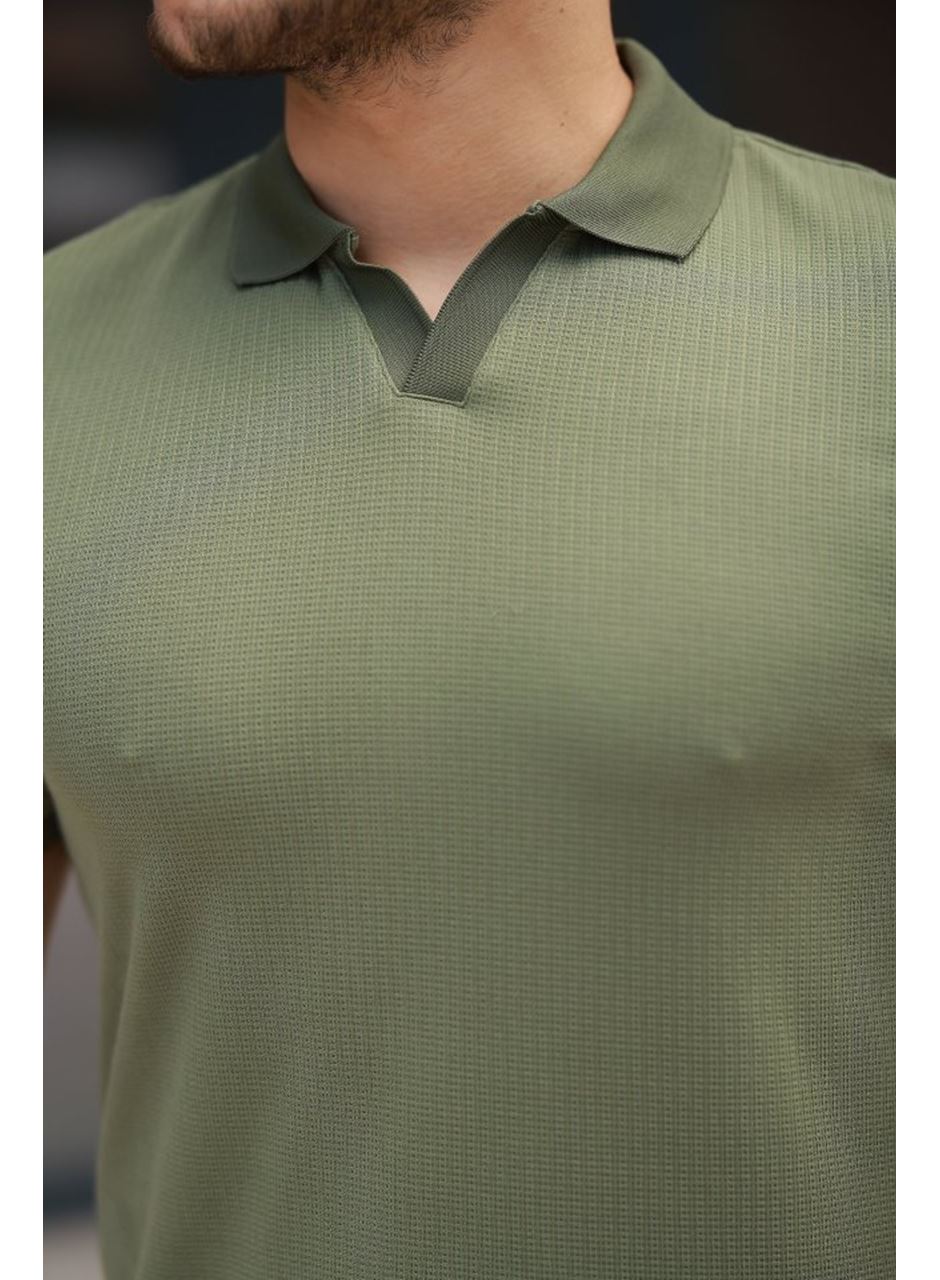 Erkek Yakalı Waffle Dokulu Kısa Kollu Tişört