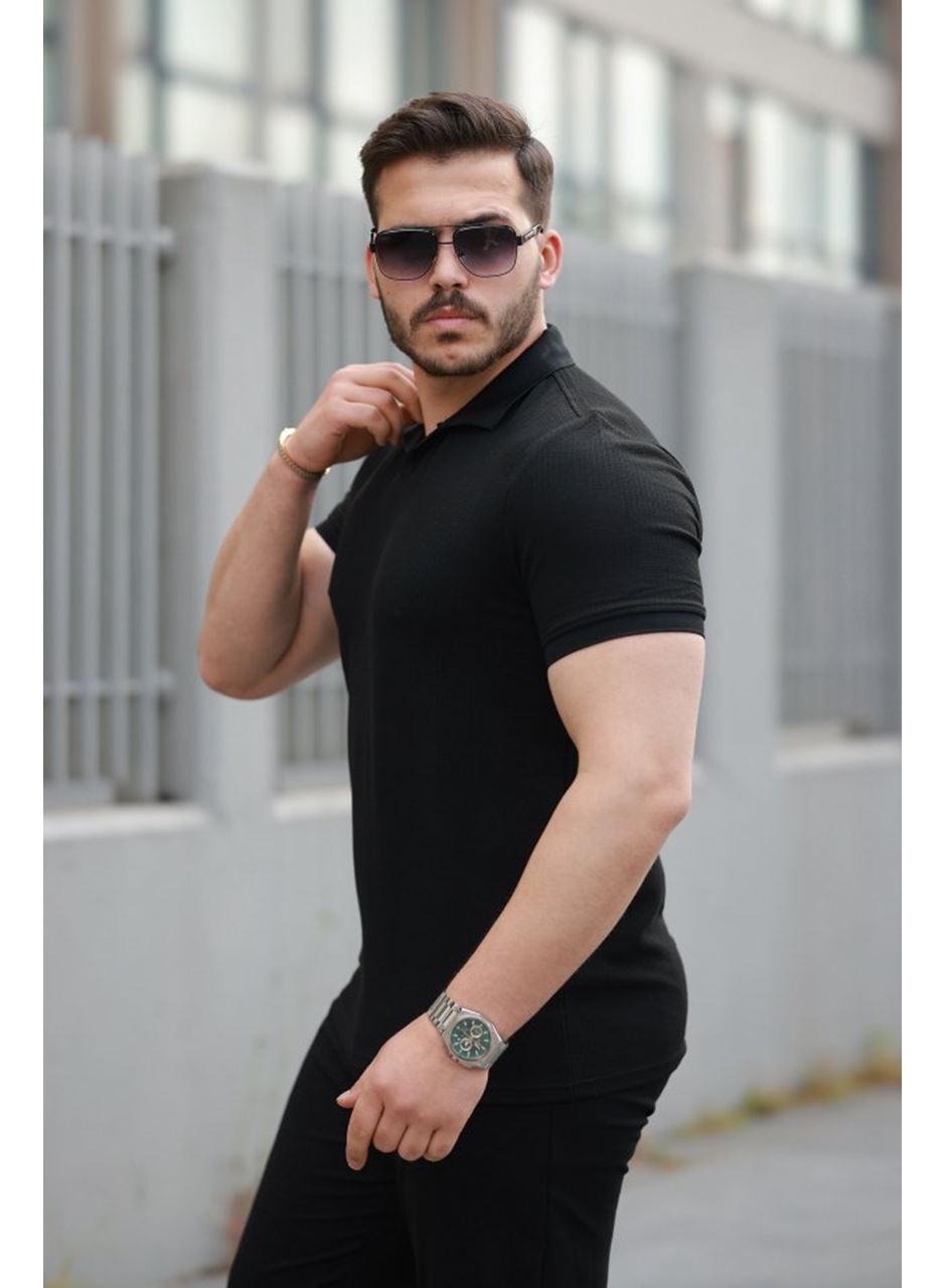 Erkek Yakalı Waffle Dokulu Kısa Kollu Tişört