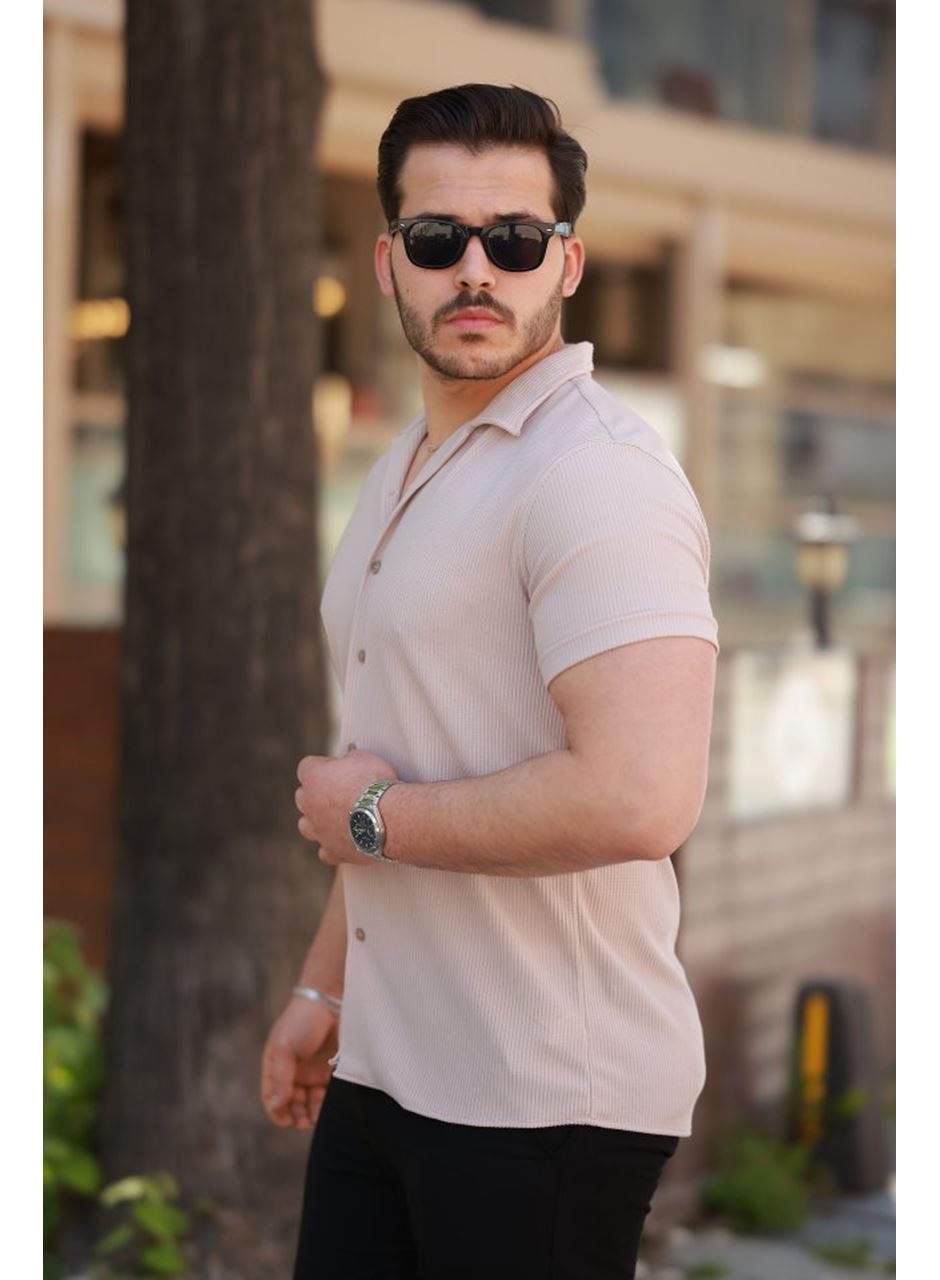 Erkek Ottoman Kumaş Apaj Yaka Kısa Kollu Gömlek