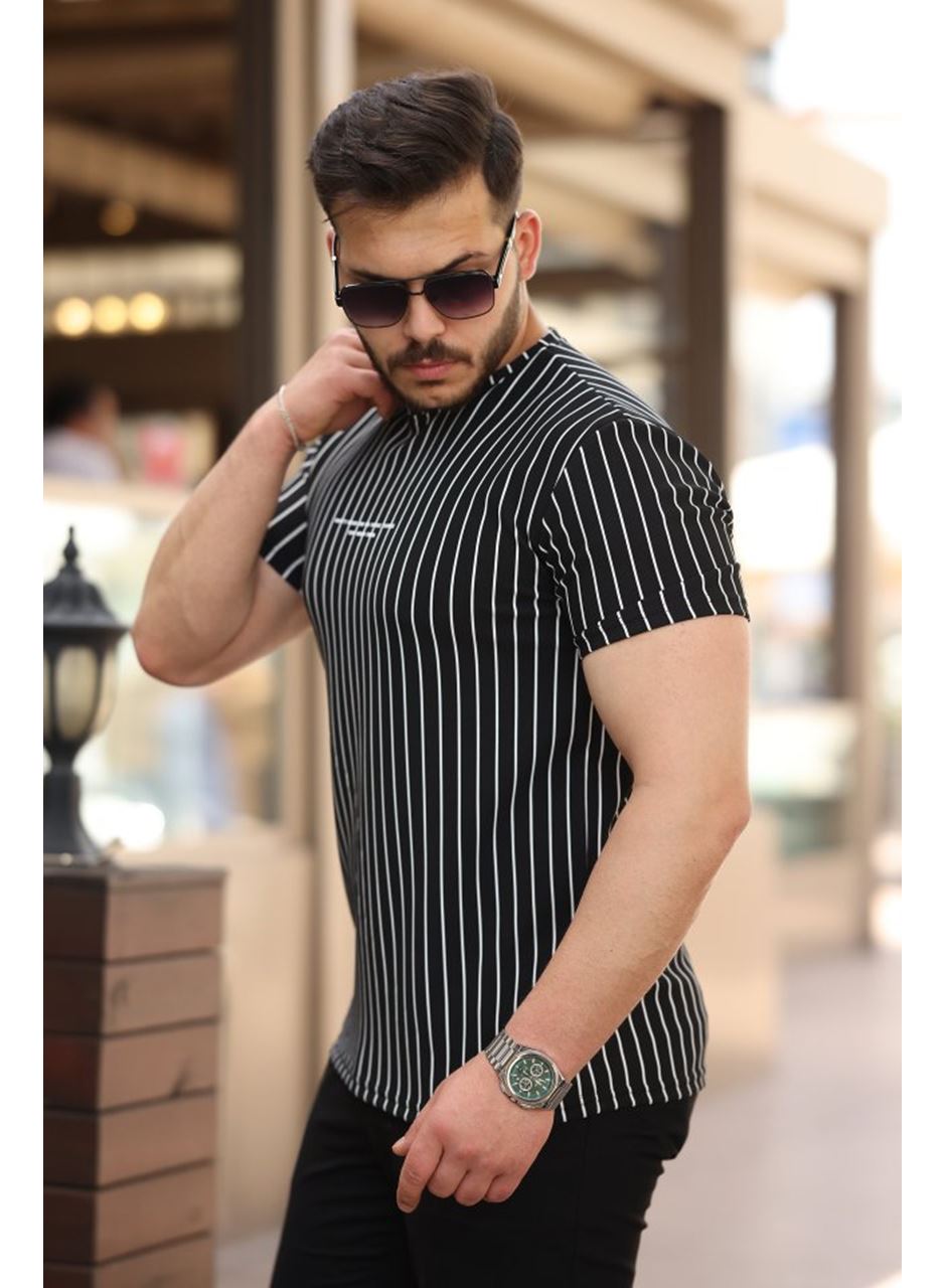 Erkek Dikey çizgili Ottoman Kumaş Kısa Kollu T-shirt