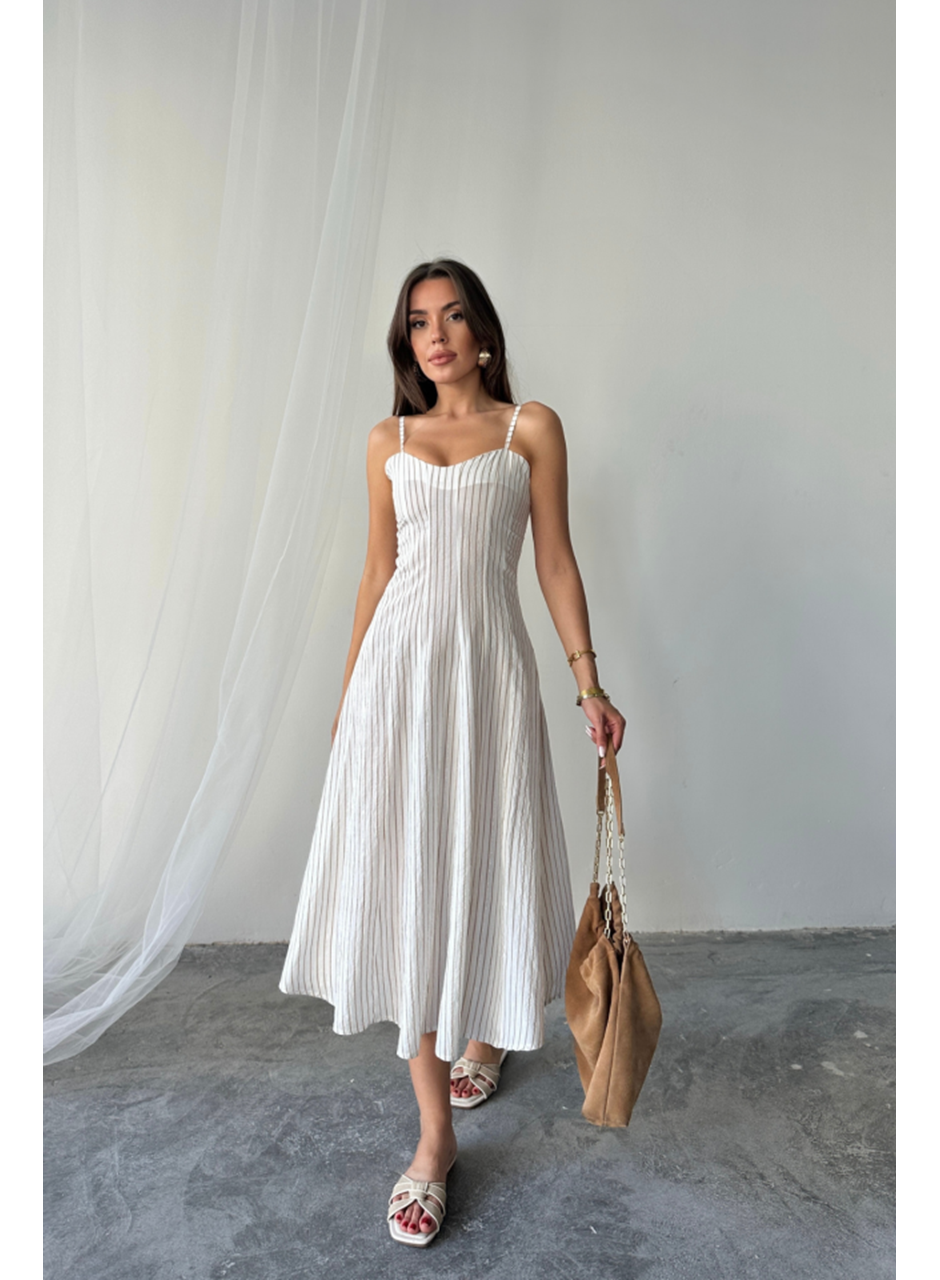 SİMLİ ÇİZGİLİ ASKILI ELBİSE MİDİ BOY - Kahverengi