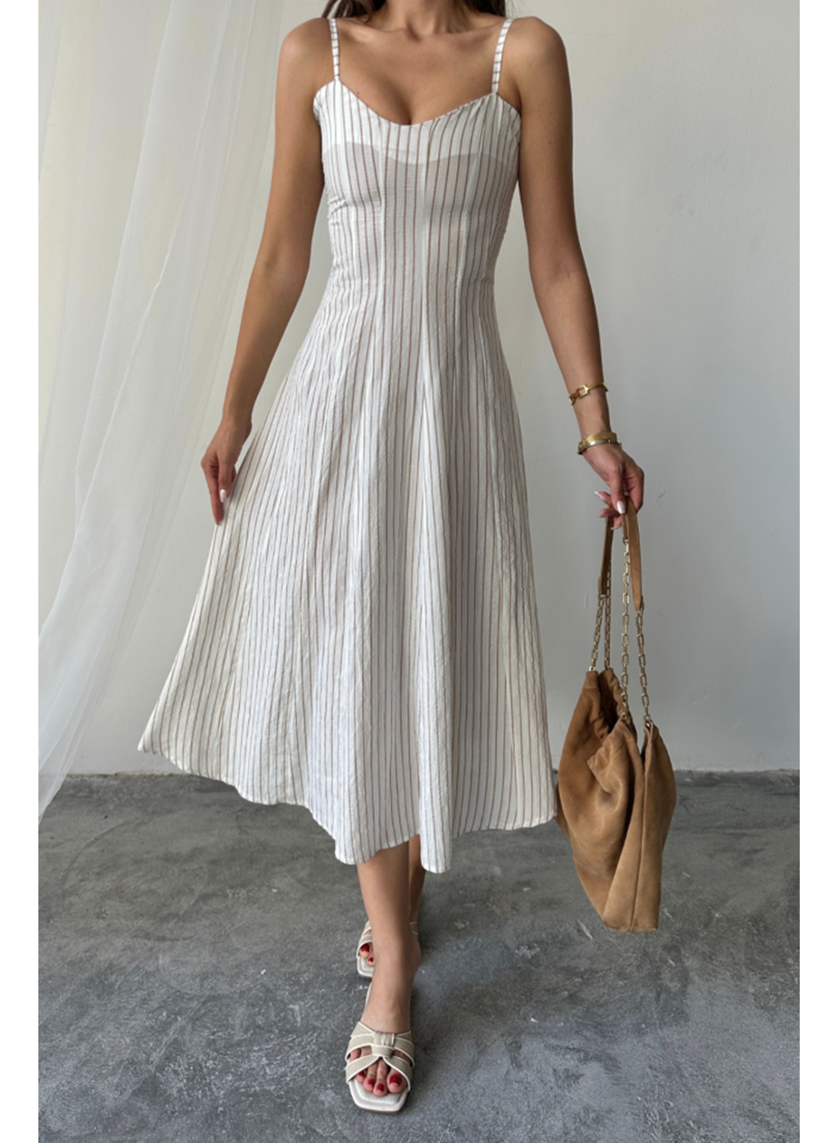 SİMLİ ÇİZGİLİ ASKILI ELBİSE MİDİ BOY - Kahverengi