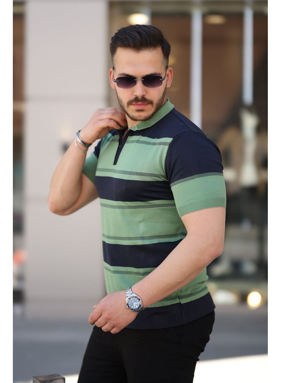 Erkek Yakalı Fermuarlı çift Renk Kısa Kollu T-shirt