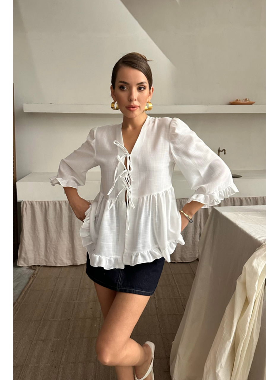 KETEN BLUZ ÖNDEN BAĞLAMALI FIRFIR DETAYLI - Beyaz