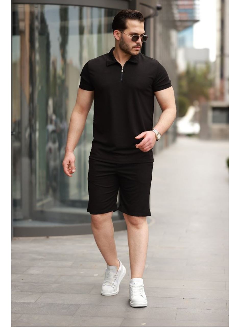 Erkek Yakalı Fermuarlı T-shirt şort Ikili Takım