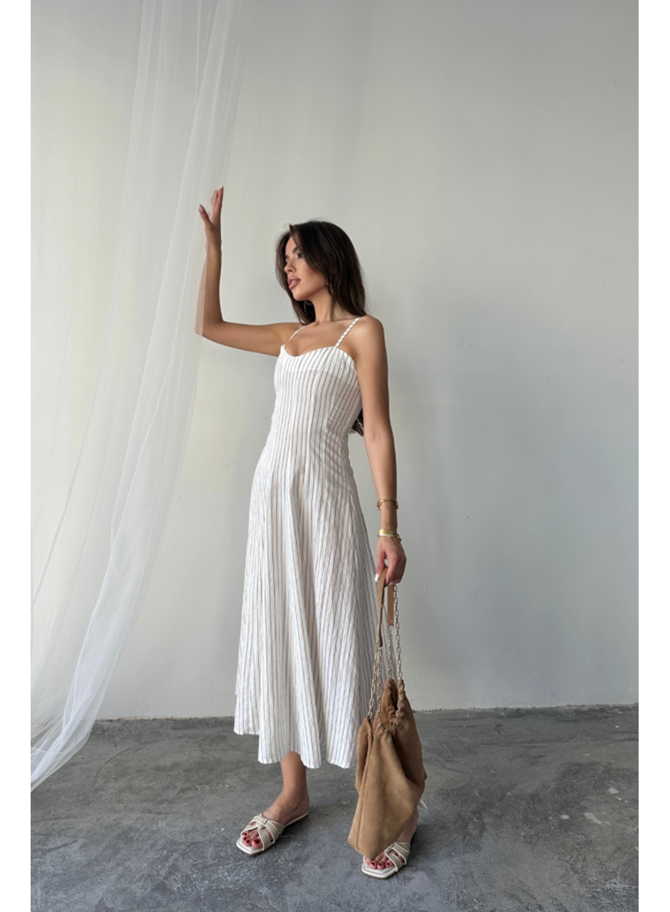 SİMLİ ÇİZGİLİ ASKILI ELBİSE MİDİ BOY - Kahverengi