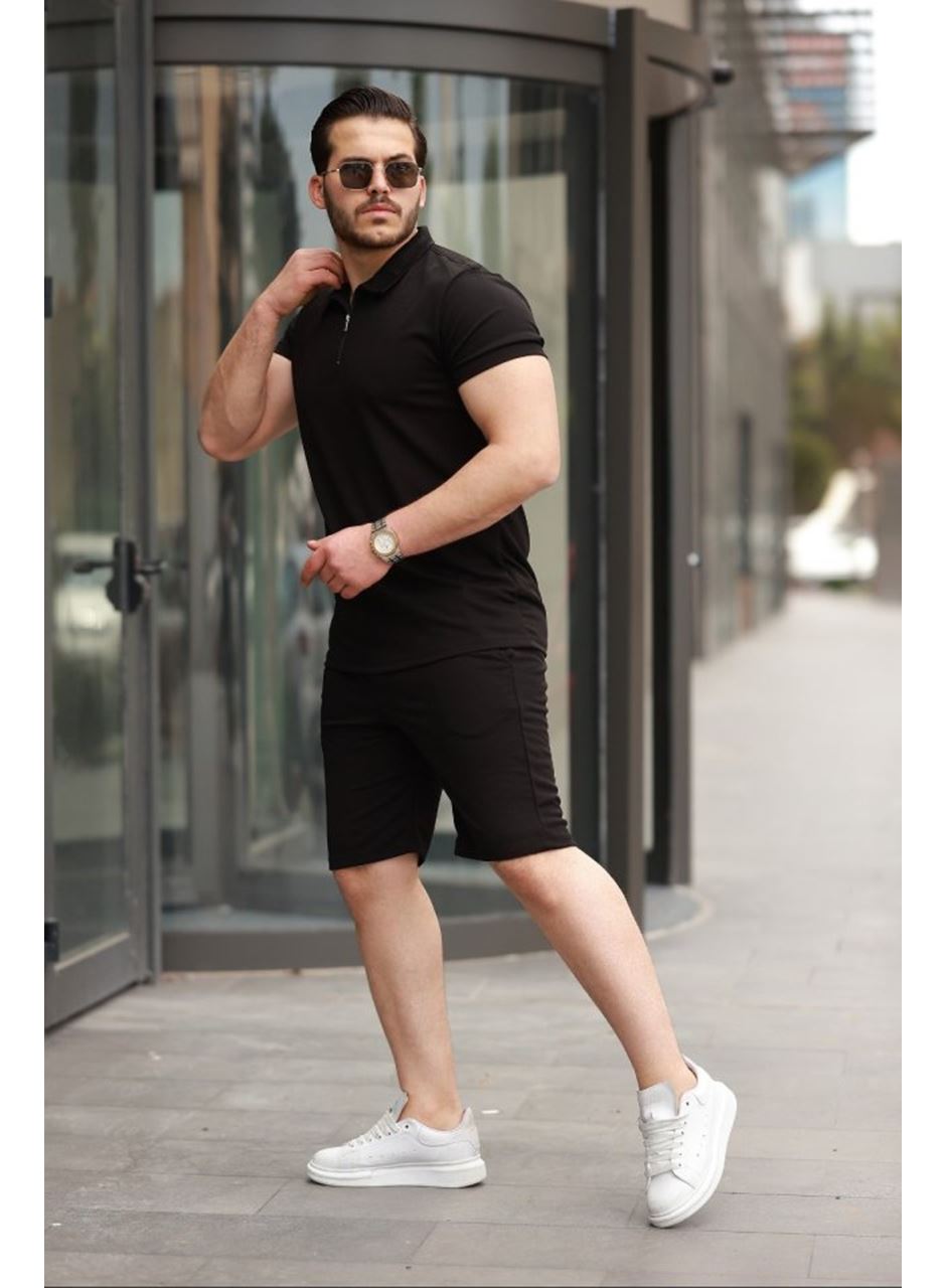 Erkek Yakalı Fermuarlı T-shirt şort Ikili Takım